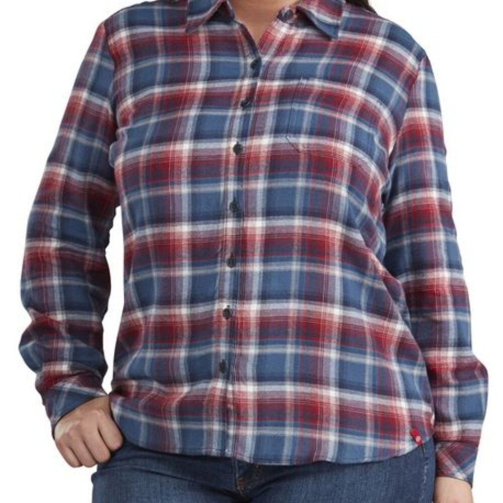 Women's Dickies 100% Cotton Red White Blue Plaid Button Up Flannel Shirt Sz 1X